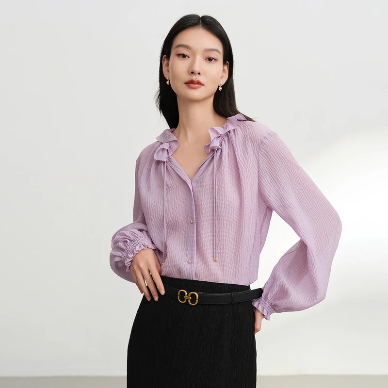 EP雅莹早秋新品 桑蚕丝花瓣领抽绳泡泡袖紫色长袖衬衫2210A