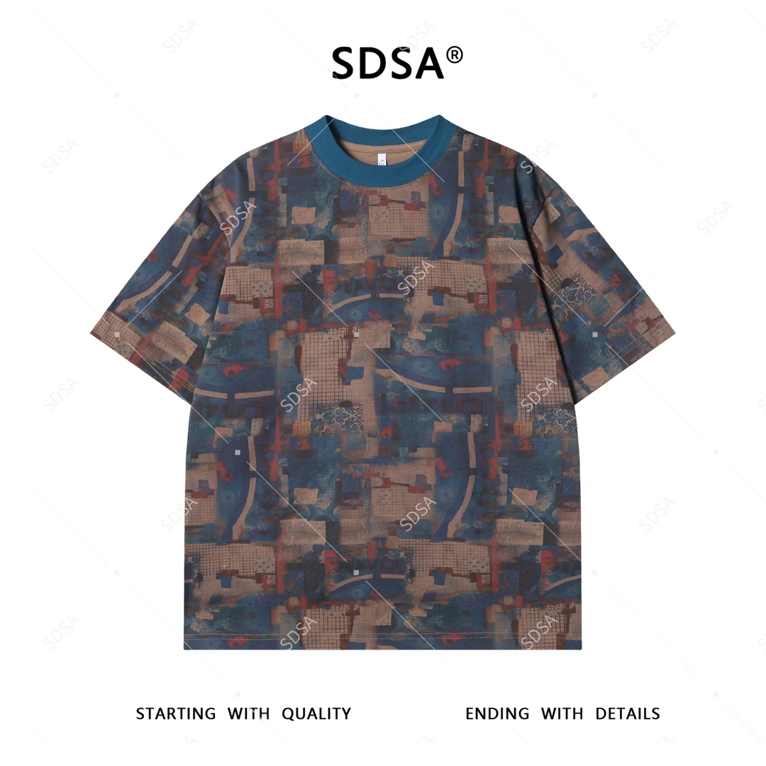 夏季高级感新款男士美式格子图案撞色短袖T恤重磅百搭圆领上衣