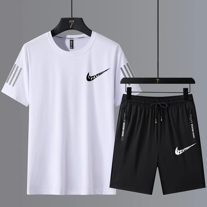 NK冰丝t恤短袖短裤休闲运动套装男士夏季薄款大码速干跑步两件套