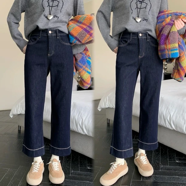 秋季新款卷边阔腿牛仔裤女胖妹妹mm梨形身材高腰显瘦宽松直筒裤子