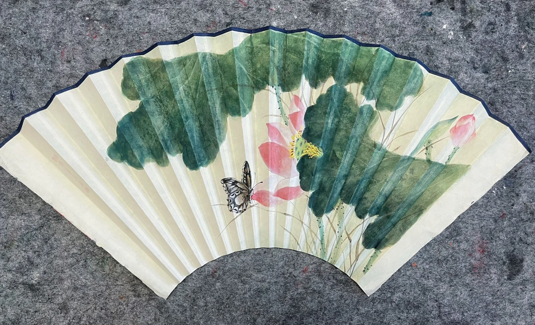 青崖集｜蝴蝶荷花没骨画扇面 95寸16方 老矾