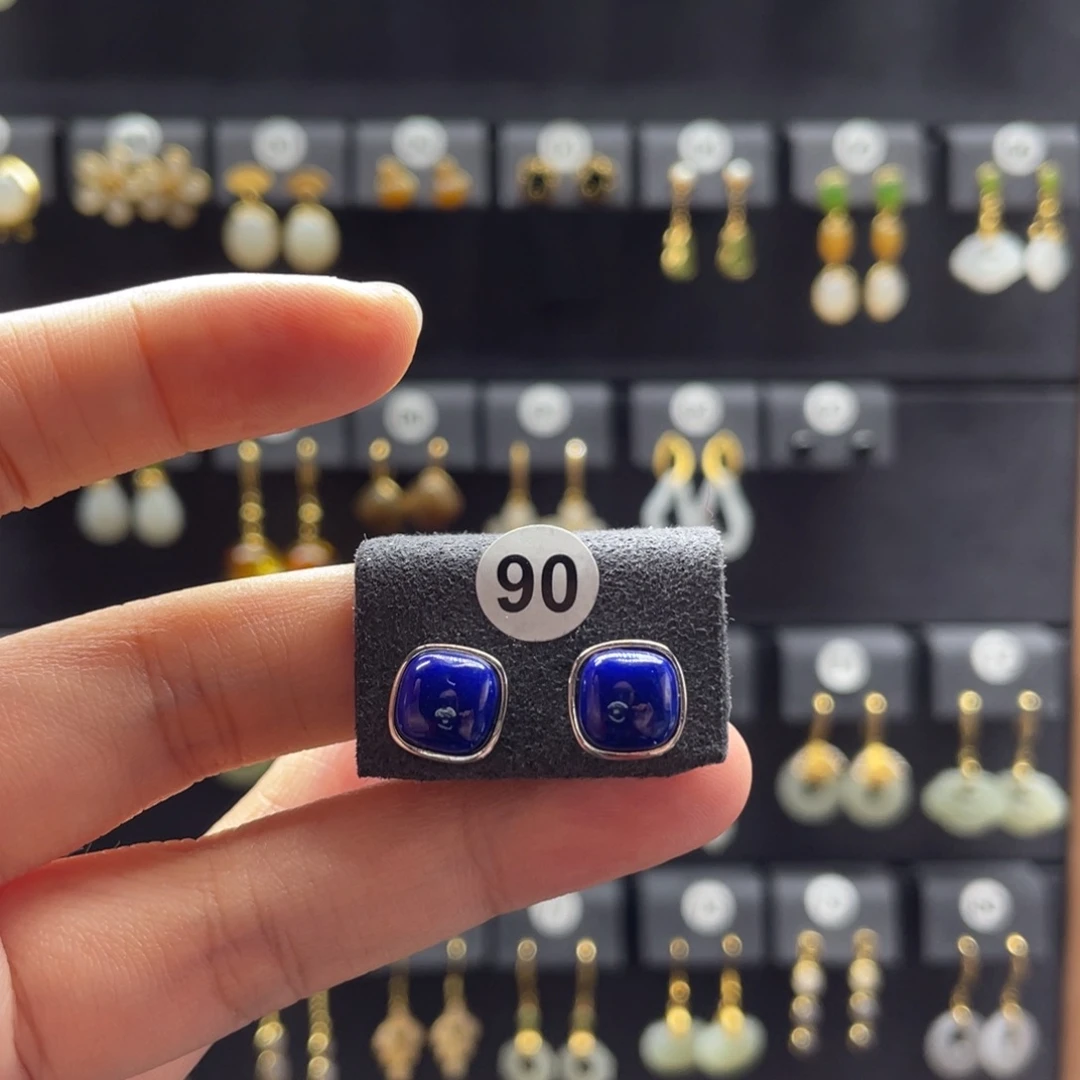 青金石银S925镶嵌耳饰90号