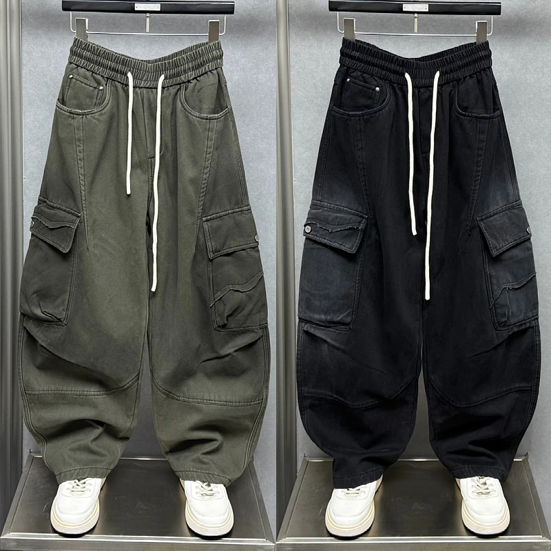 秋冬新款弯刀休闲裤加绒复古水洗工装裤男士高街宽松直筒阔腿长裤