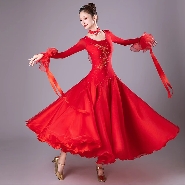 新款高档镶钻摩登舞裙连衣裙比赛演出服华尔兹舞蹈服装大摆交谊舞