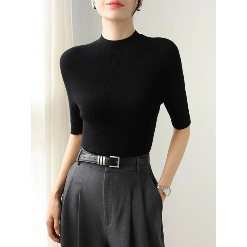 TD58-8817半高领五分袖扬子纱100%羊毛显瘦打底无缝一体针织上衣