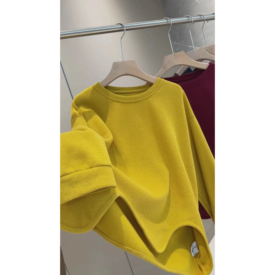 秋冬季宽松常规款纯色不规则下摆圆领卫衣