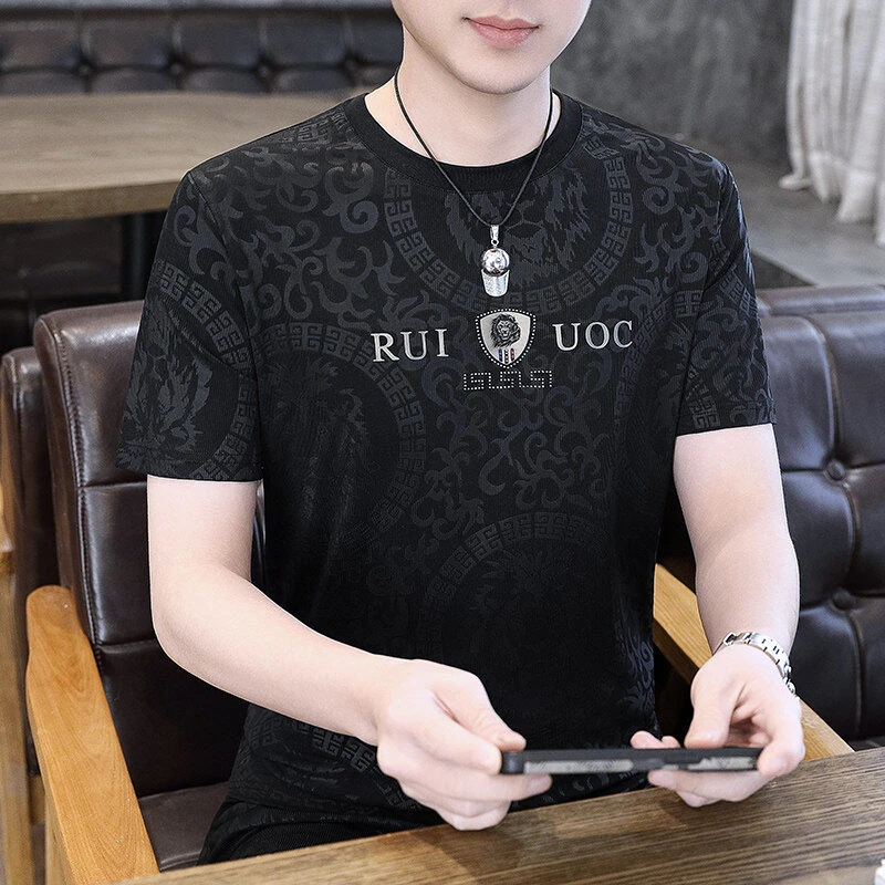 夏季40岁T恤镂空圆领提花打底衫韩版短袖时尚烫钻男装薄款DX863