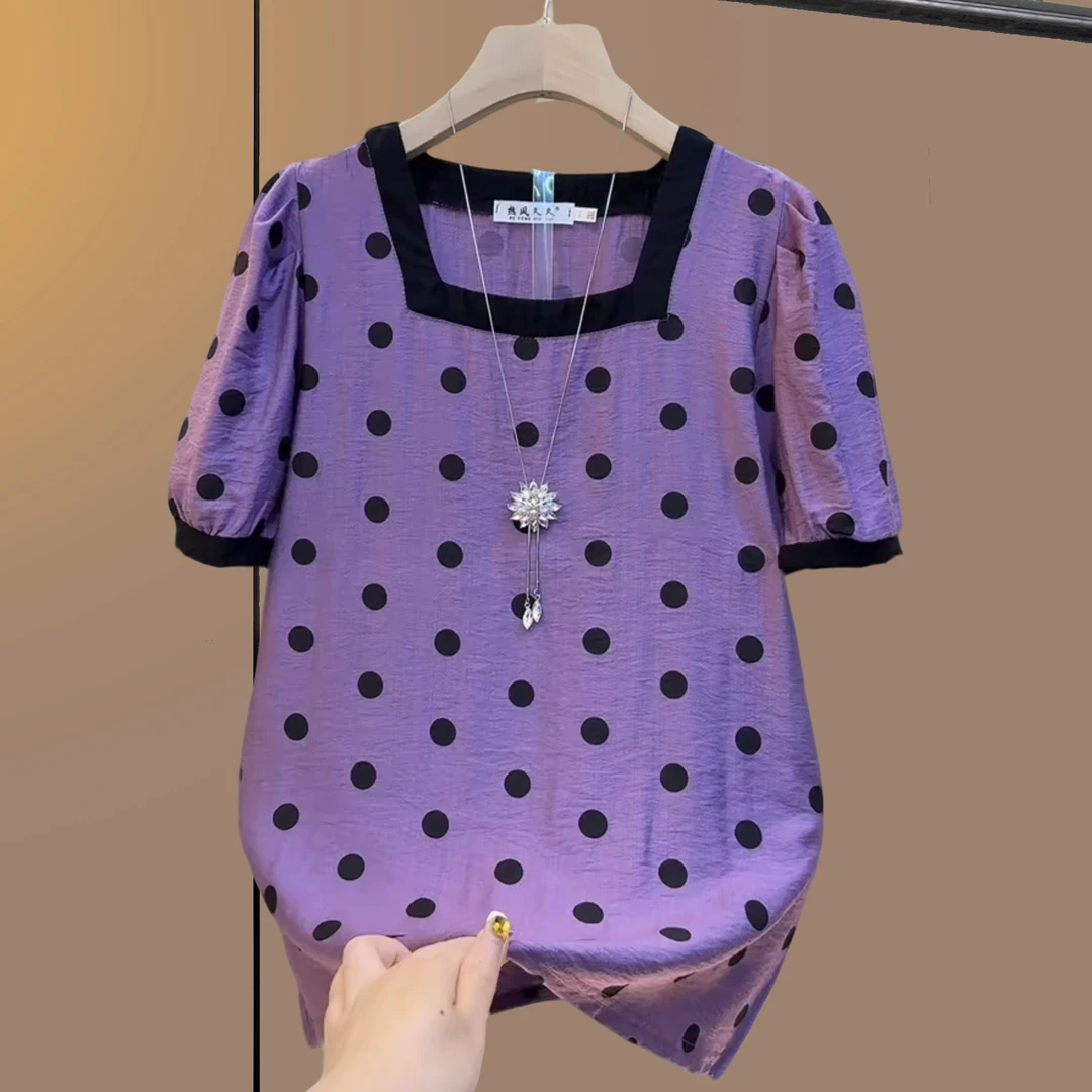 大码女装胖妹妹夏季套头方领通勤短袖衬衫波点宽松气质显瘦百搭