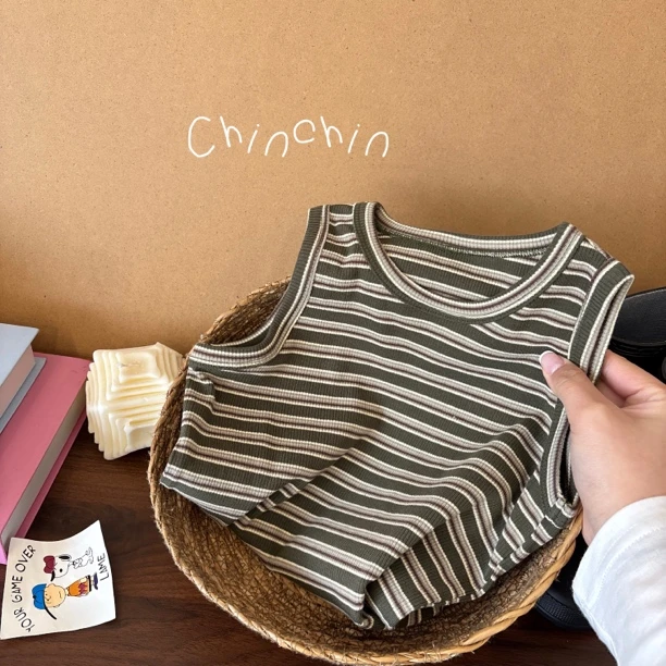抹茶巧克力·夏季洋气背心男童帅气短袖条纹上衣韩版复古半袖T女宝