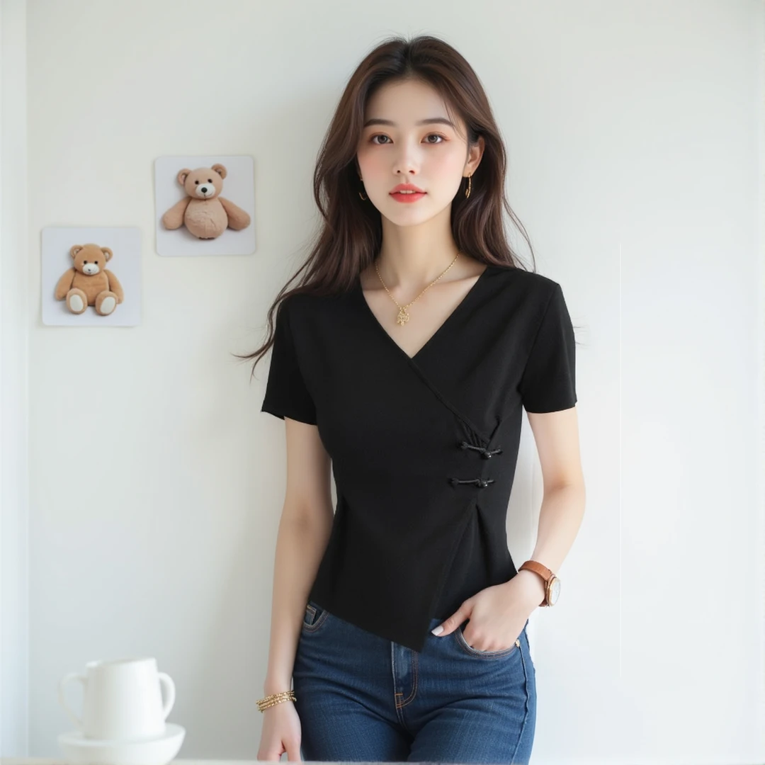 不规则V领新中式国潮风女装夏季穿搭盘扣显瘦短袖T恤女通勤上衣