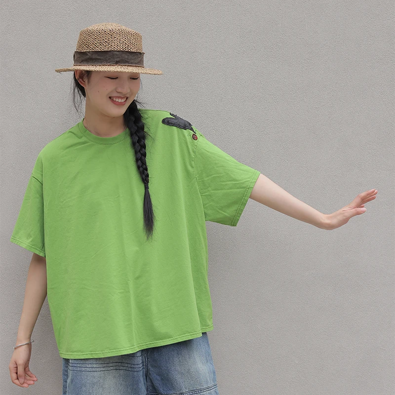 【飞鸟系列】慢慢变蓝原创 荼 文艺简约纯棉T恤 宽松短袖圆领撞色