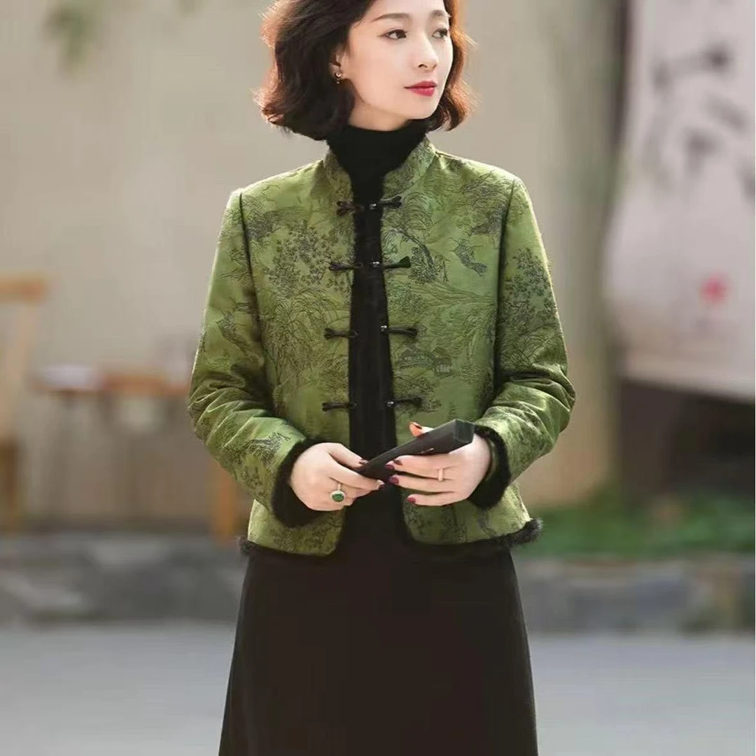 秋冬新中式国风提花外套女装复古棉服高级感山水画短款保暖上衣