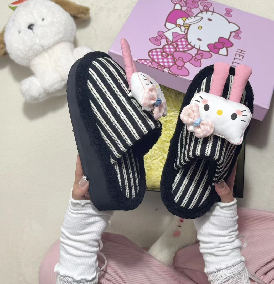时尚日系可爱卡通小猫条纹包头半拖鞋女2025冬季新款坡跟毛毛拖鞋