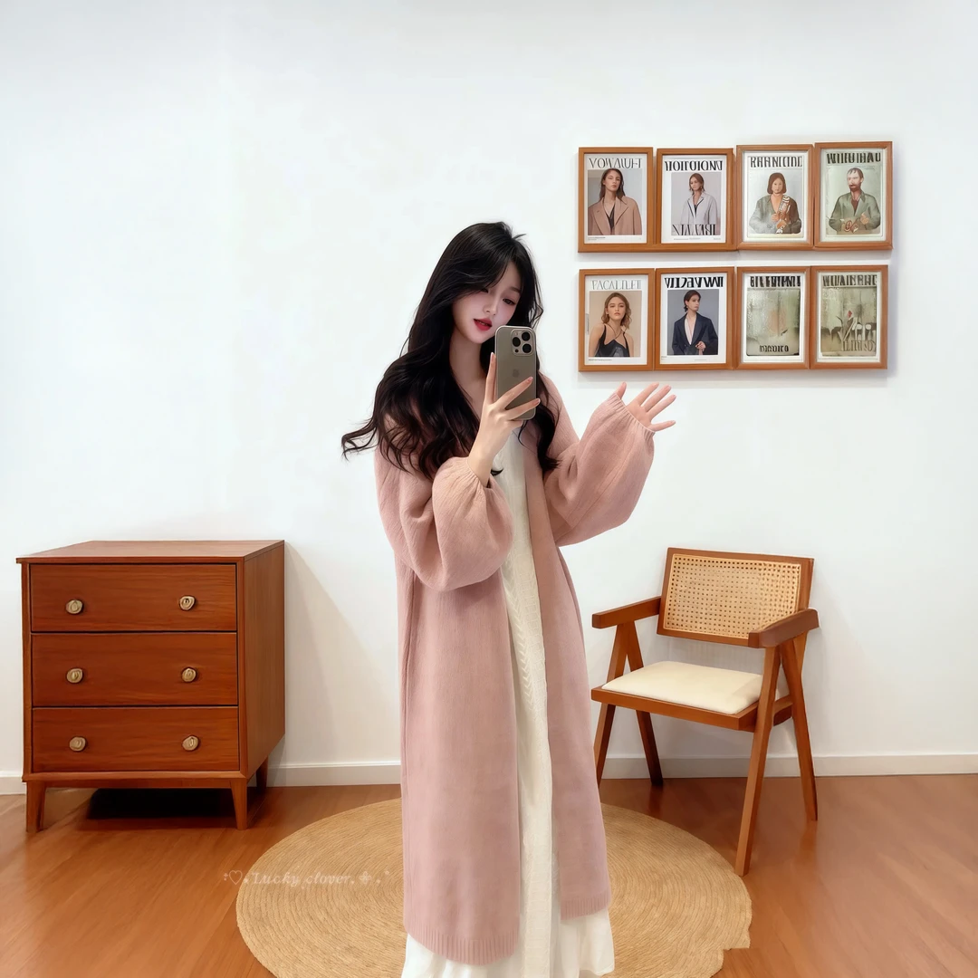 秋装搭配一整套韩系慵懒松弛感长款针织毛衣外套长袖连衣裙套装女