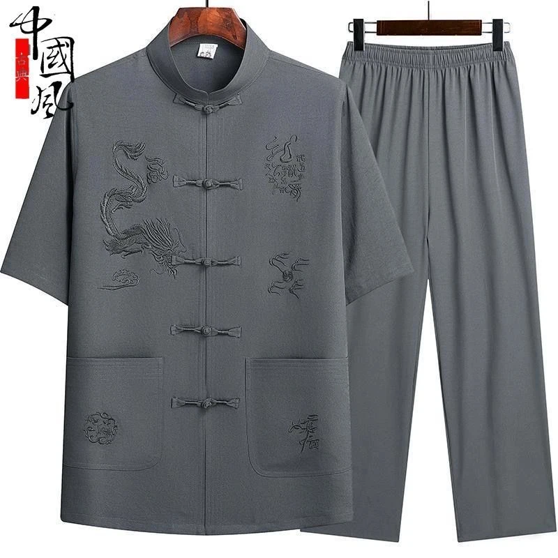 【爸爸装】唐装短袖夏季爸爸套装中老年男装汉服中国风宽松晨练服