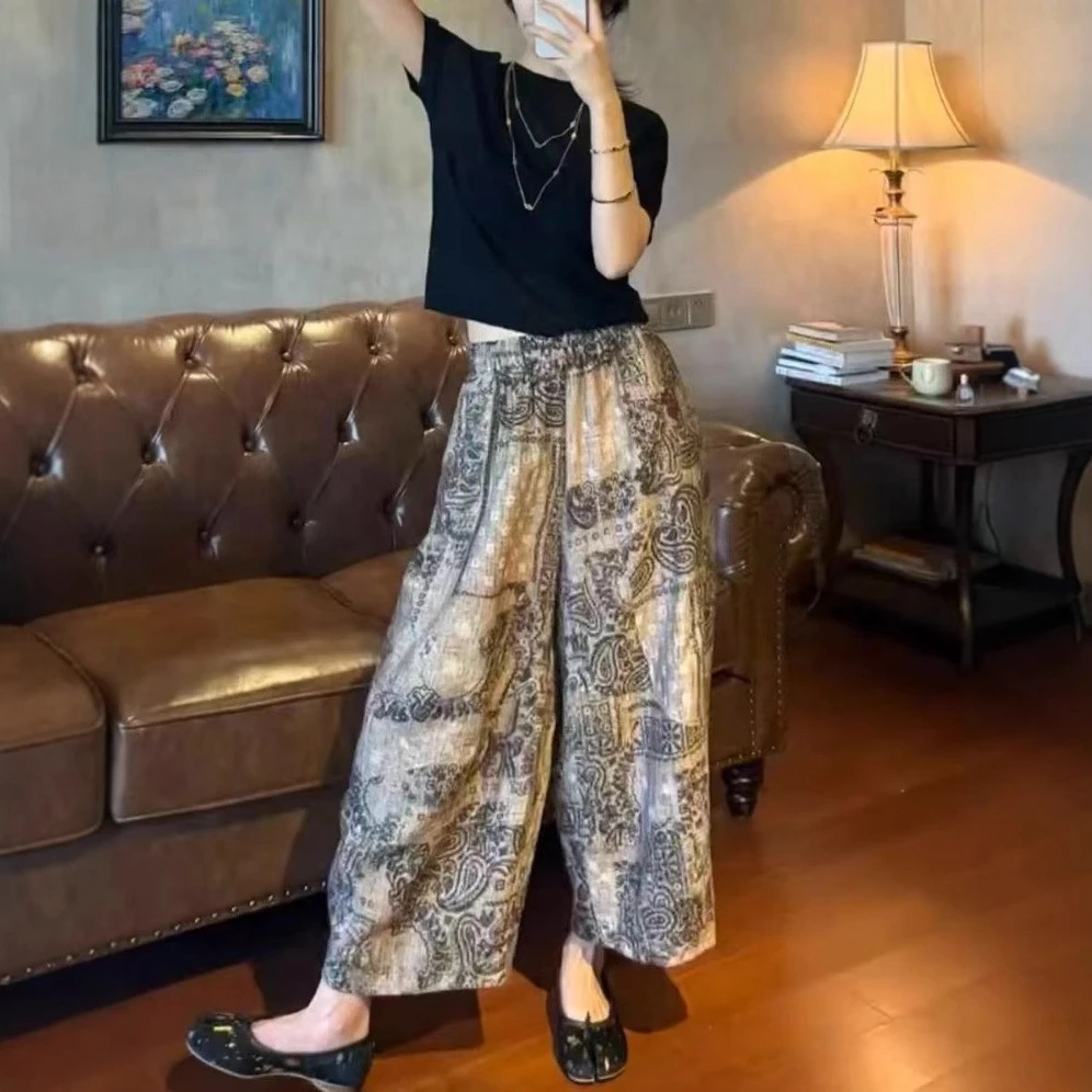 夏季新款薄款纯色短袖上衣个性印花阔腿裤女