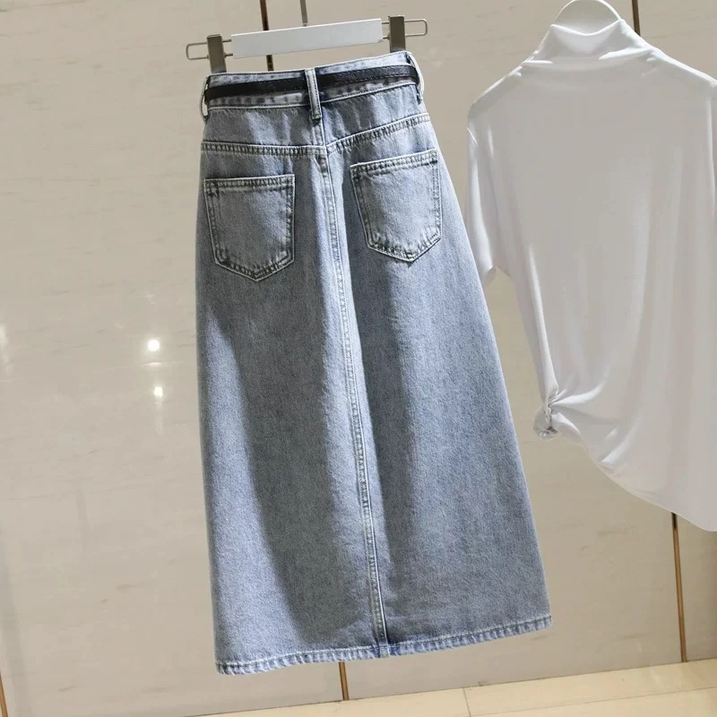 高腰设计感开叉中长款牛仔半身裙女YP41