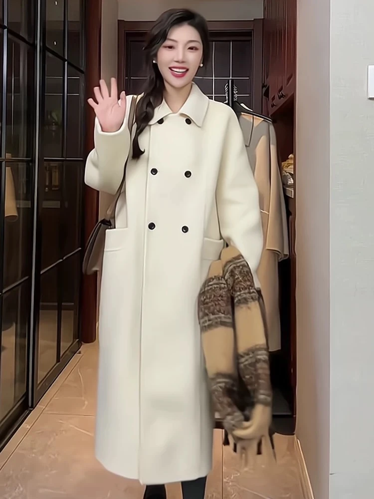 2025年新款韩版秋冬显瘦双面羊毛大衣中长款六粒百搭外套H001气质
