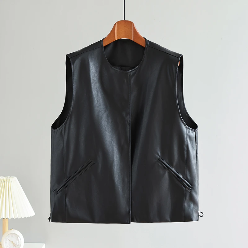 2025秋冬PU皮马甲女设计感复古休闲百搭短款黑色无袖坎肩马夹外套