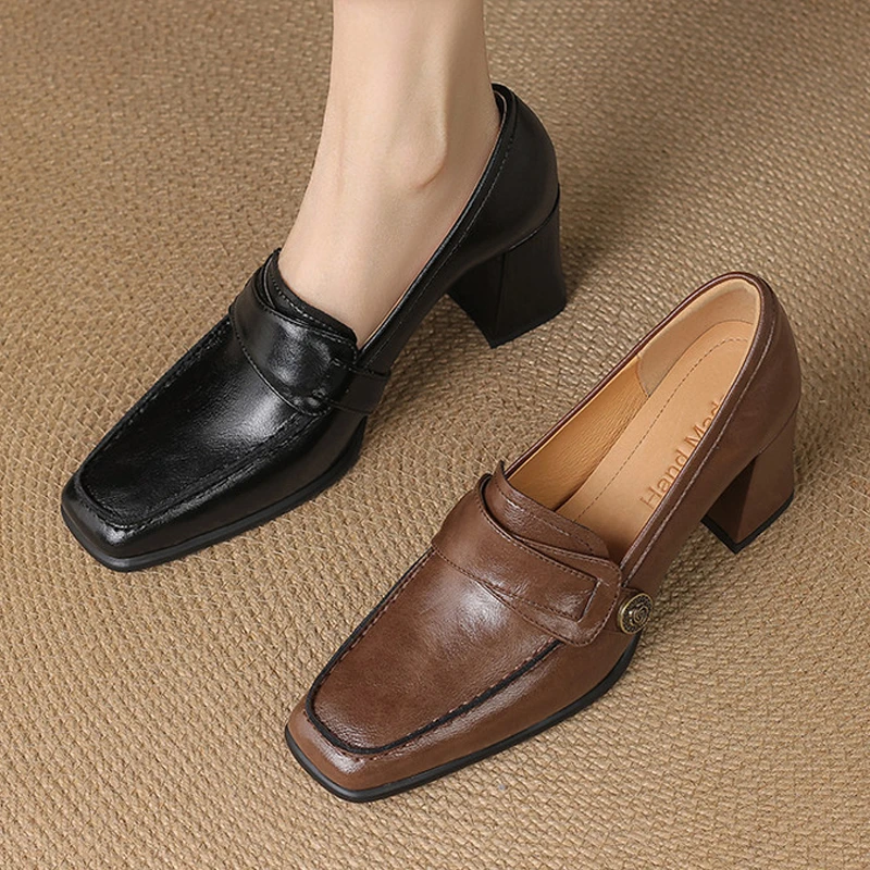 牛皮7cm金属扣舒适方头单鞋女气质高跟鞋百搭粗跟复古深口乐福鞋