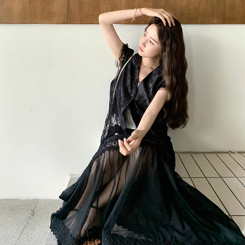 法式提花马甲蕾丝半身裙两件套女夏季纱拼接裙子套装黑色长裙