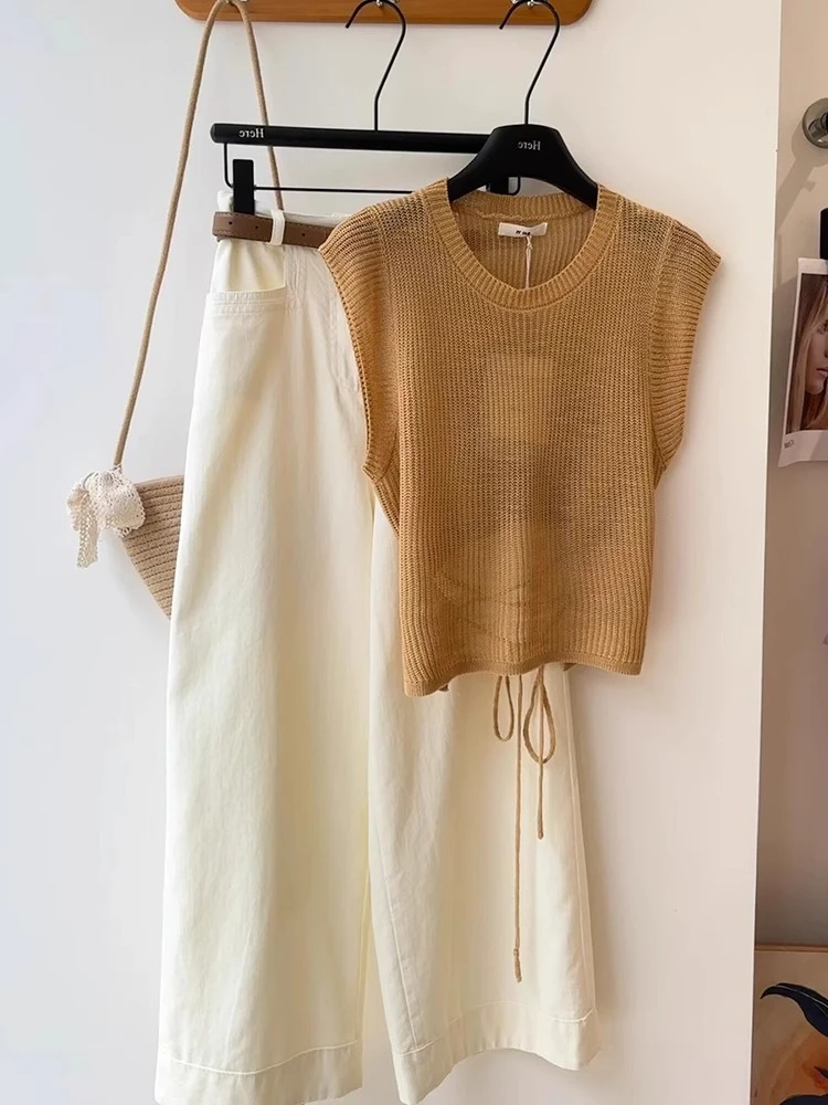 韩版气质高级感洋气时尚姜黄色针织短袖棉麻亚麻休闲裤套装女夏季