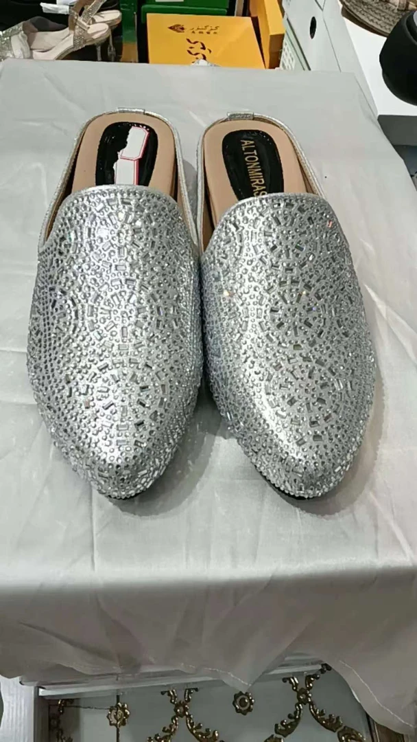 纯色胶粘深口圆头水钻套筒穆勒鞋白色灰色女鞋半拖凉鞋银色