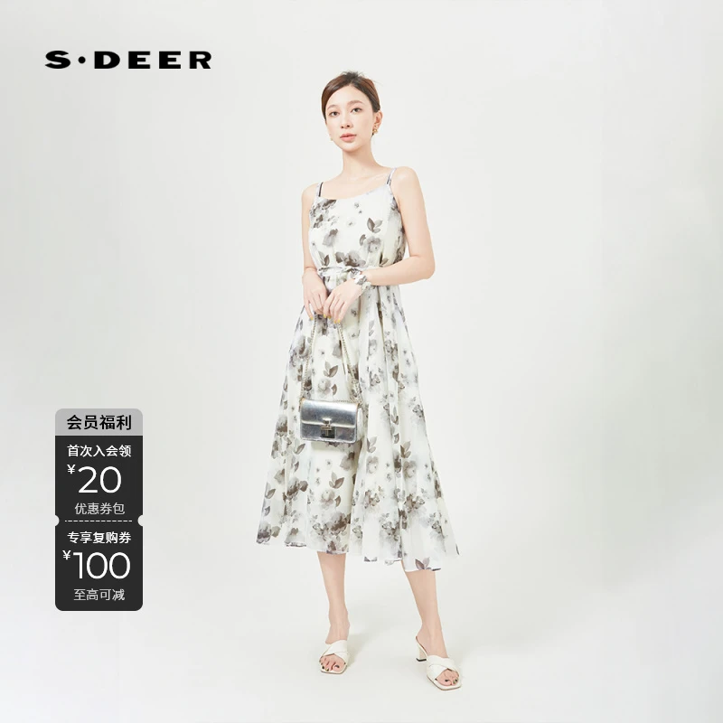 S·DEER圣迪奥女装法式收腰碎花国风中式显瘦吊带连衣裙S242Z1287