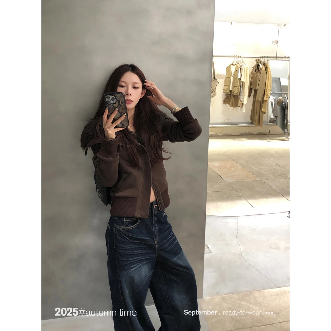 SUNONEONE 宽松斜拉翻领无帽卫衣外套女秋美式长袖休闲开衫H1426C