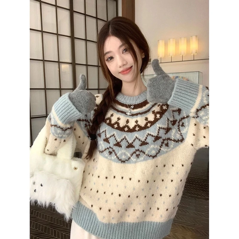 复古提花撞色加厚保暖长袖毛衣女冬季2024新款宽松外穿针织衫上衣