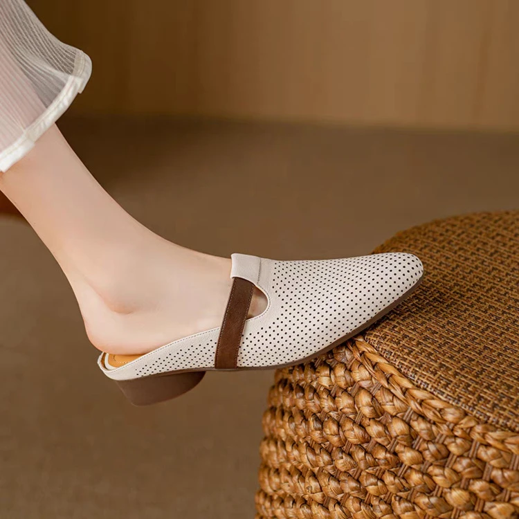 法式包头半拖鞋女2025新款夏软皮圆头凉拖气质懒人低跟穆勒鞋