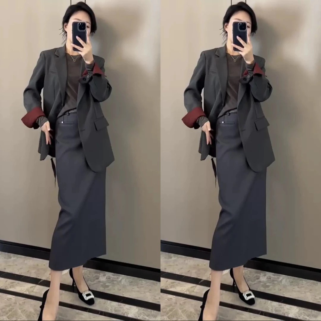 2025春新款廓形宽松气质灰色西装外套女高级感安可拉红拼接小西服