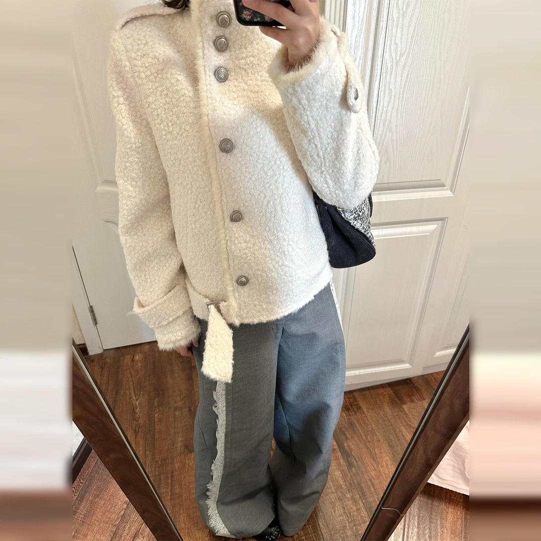 韩系高级感小香风羊羔毛拼接设计感短款夹克立领毛呢外套女秋冬季