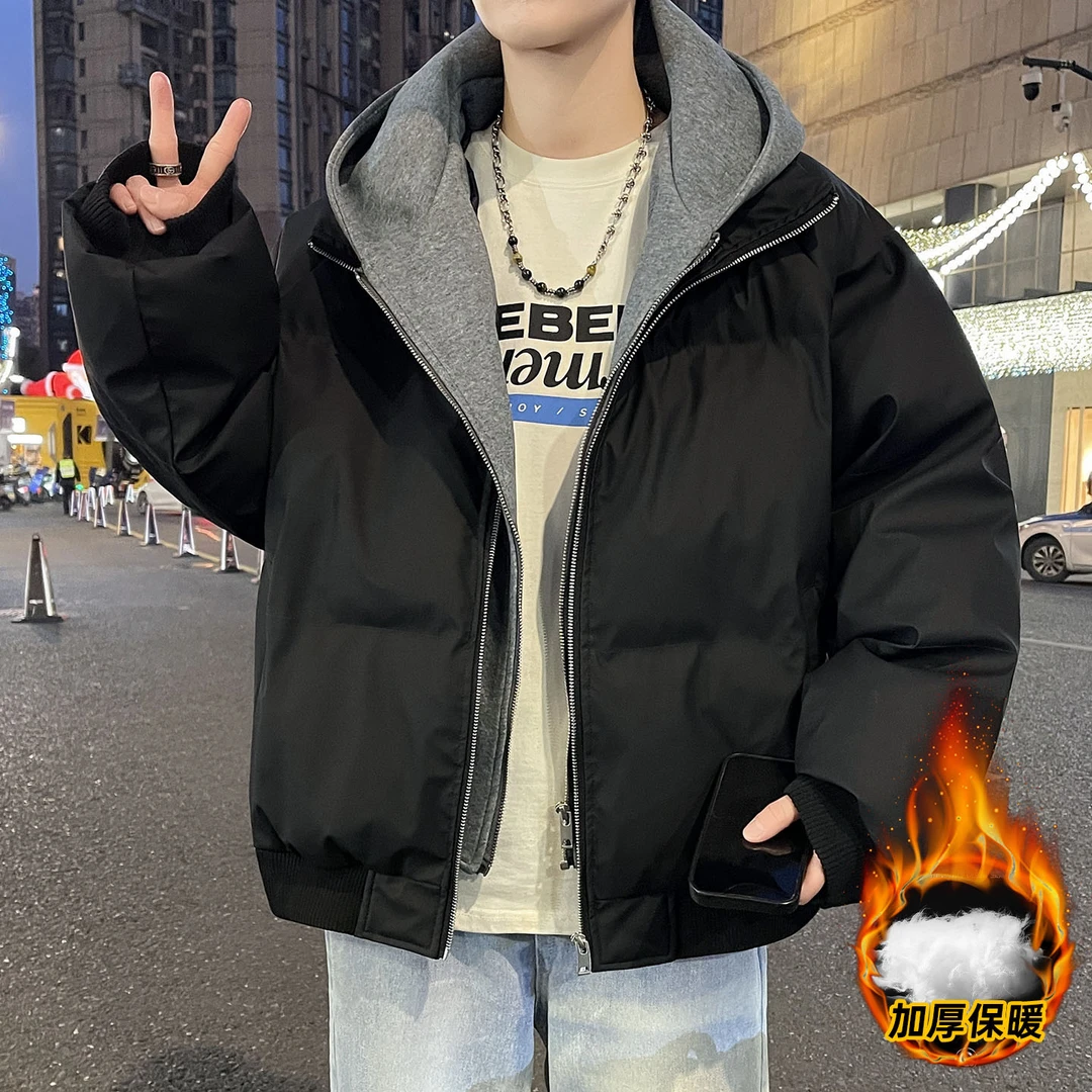 美式重磅冬季新款青少年假两件撞色棉衣夹克潮牌简约防寒保暖外套