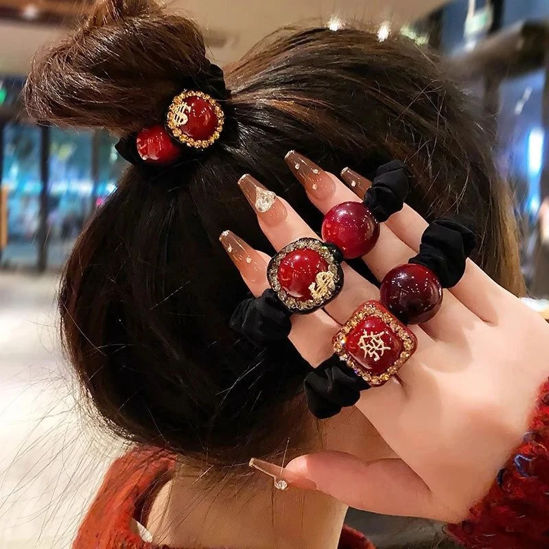 2件套 高级感镶钻珍珠小肠发圈新年喜庆红色发绳扎马尾丸子头皮筋