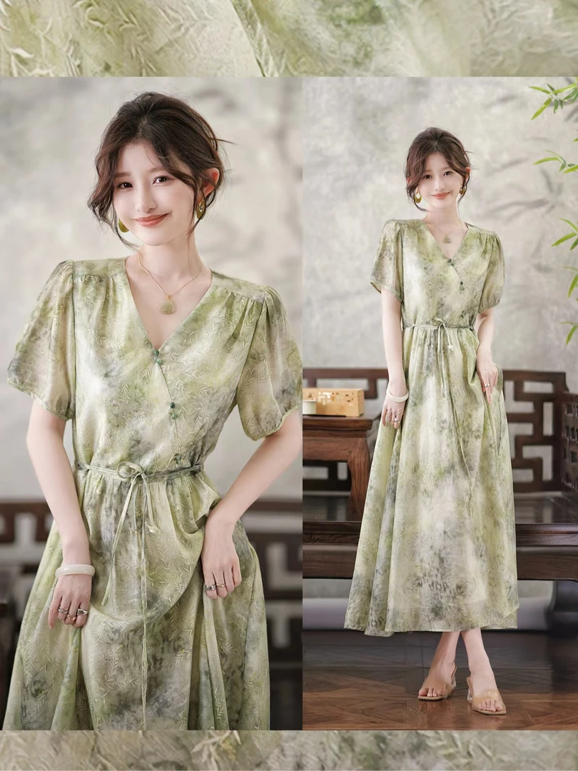 国风短袖碎花连衣裙女夏印花系带收腰显瘦气质v领中长裙