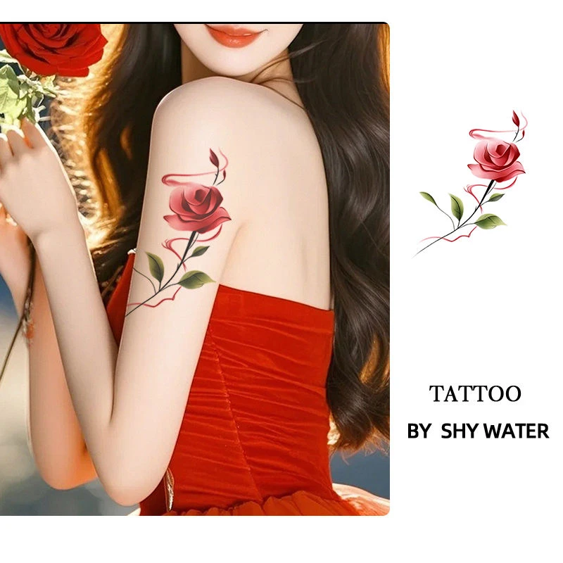 爆款网红浪漫红色玫瑰花纹身贴纯欲风高颜值性感辣妹手臂胸前遮疤