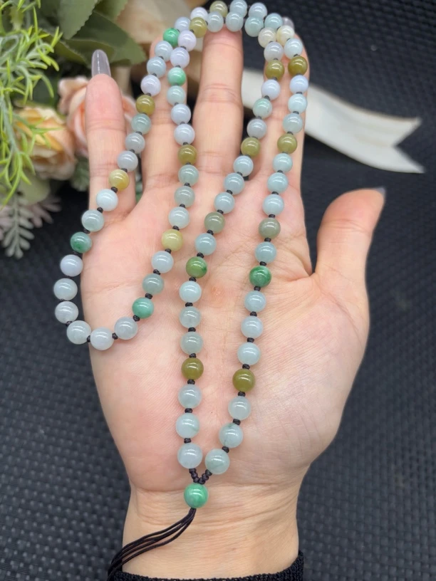 福利天然A货缅甸翡翠老坑冰种三彩圆珠6mm黄翡绿色玉石挂件绳长链