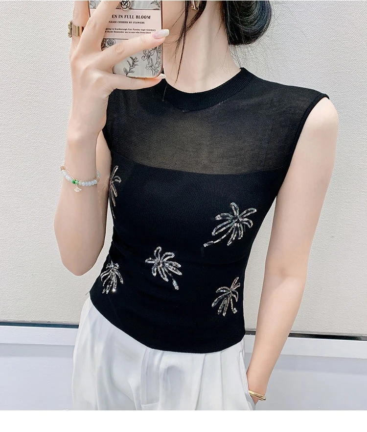 2025年夏季新款网纱拼接烫钻无袖T恤背心上衣女洋气修身显瘦百搭
