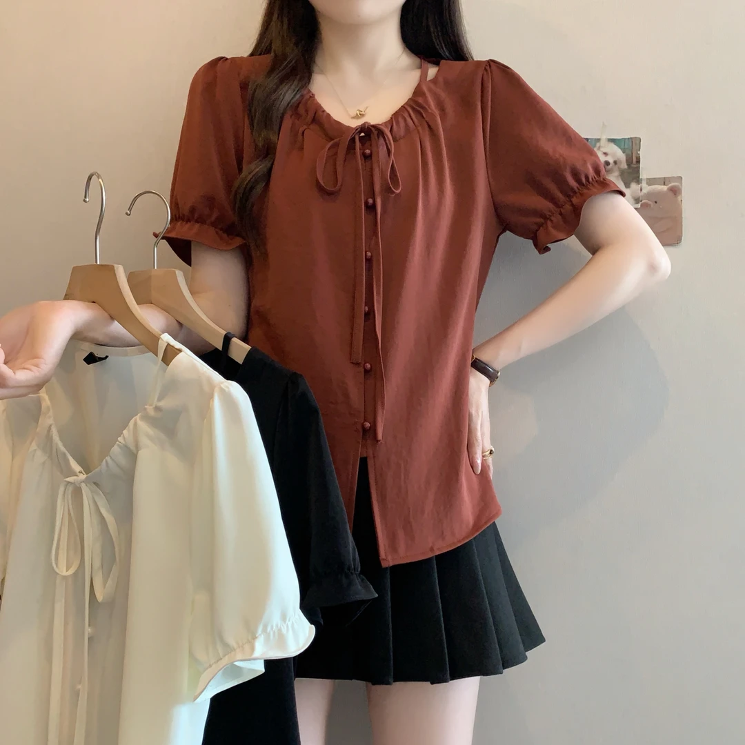 JJ63657夏季新款胖mm大码女设计感镂空系带衬衫法式通勤百搭上衣