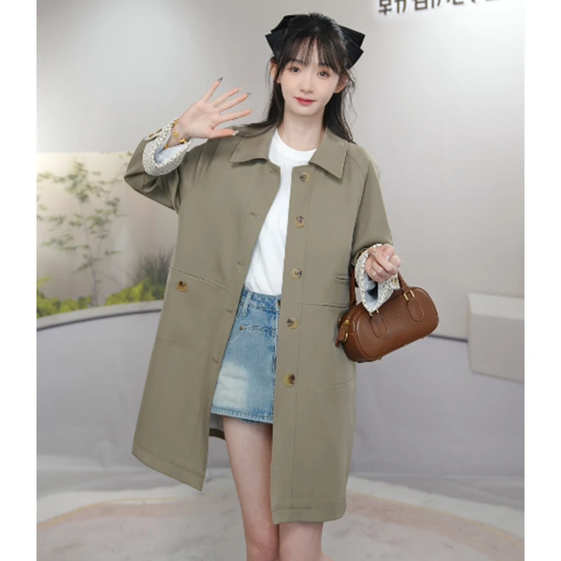 HSTYLE/韩都衣舍卡其色韩系设计感绣花拼接英伦风风衣外套 25260