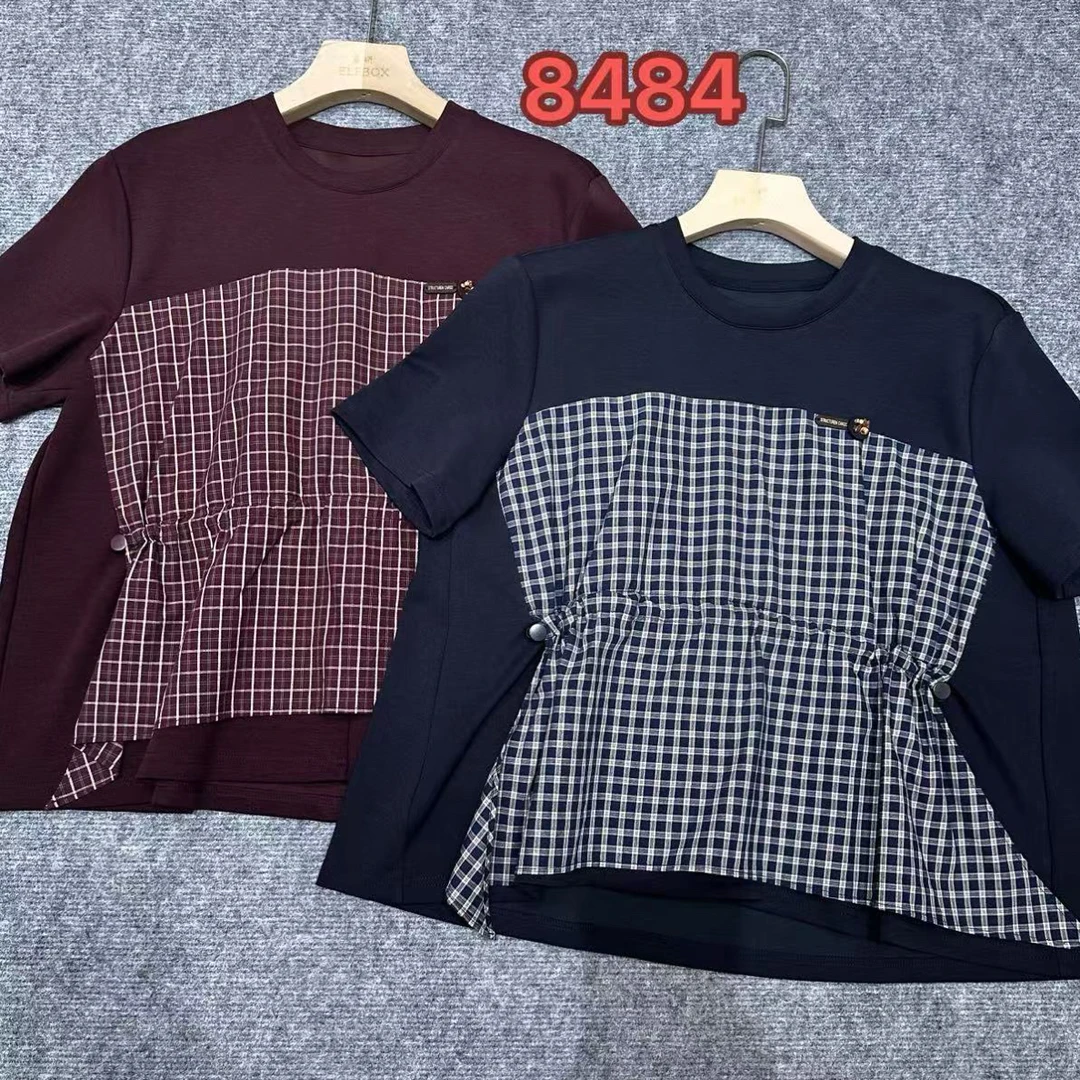 (BAI)设计感拼接短袖T恤女夏装收腰显瘦洋气减龄气质上衣8484