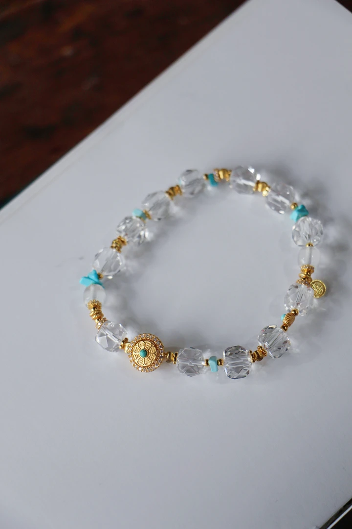【星芒转莲】白水晶s925银镀金洁白高贵藏式手链