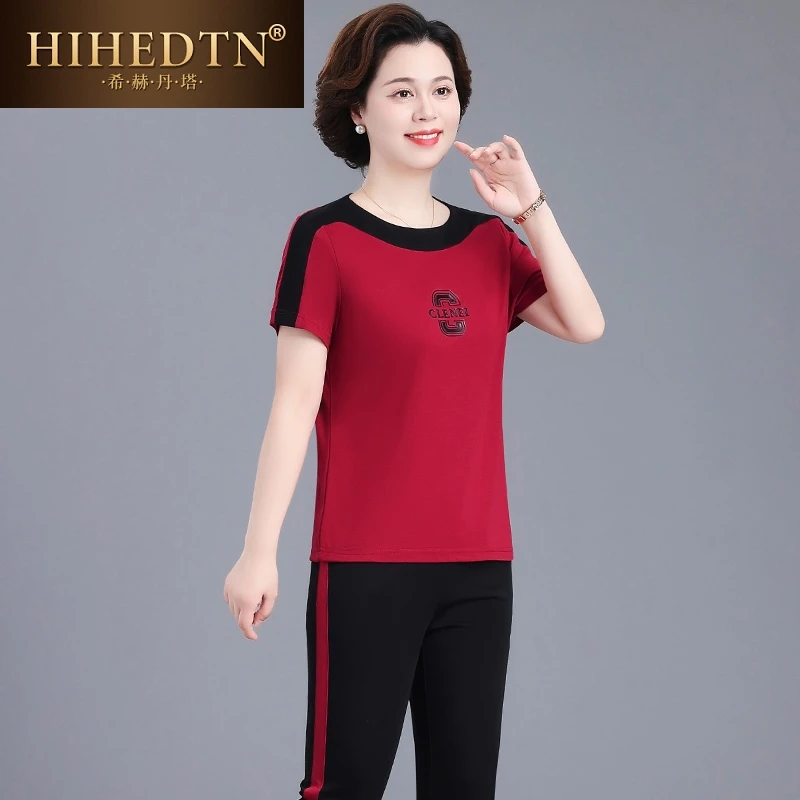 运动套装女夏装新款时尚夏季妈妈装薄款冰丝短袖裤子两件套运动服