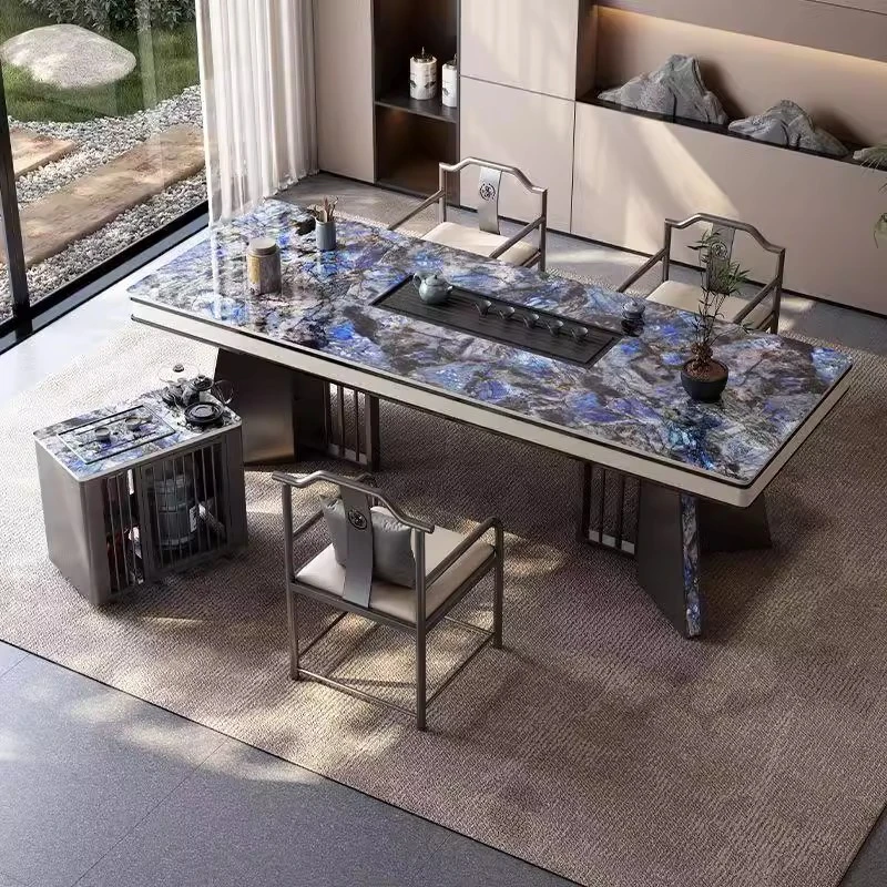 现代奢石岩板茶桌简约茶几新中式办公茶桌意式茶桌椅高端轻奢茶台