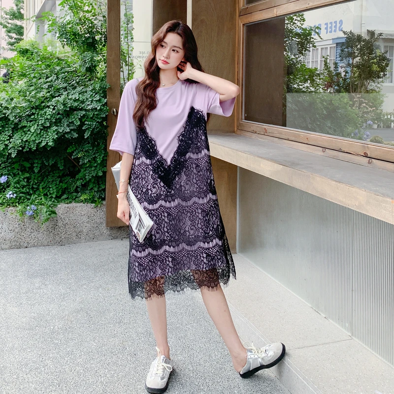 法式慵懒风蕾丝拼接连衣裙女2025夏季新款时尚氛围感假两件T恤裙