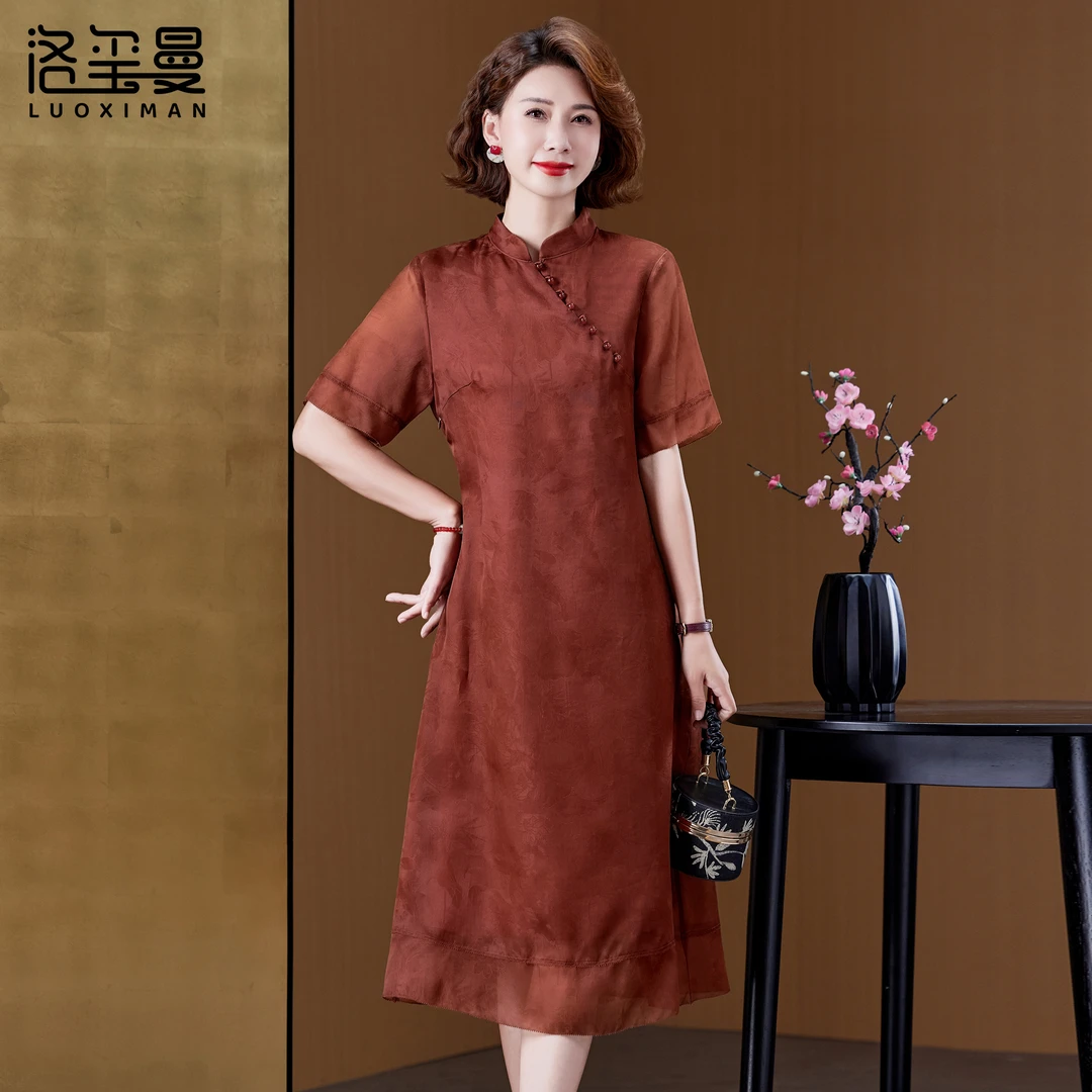 洛玺曼新中式国风真丝连衣裙妈妈婚宴宴会礼服桑蚕丝改良旗袍夏季