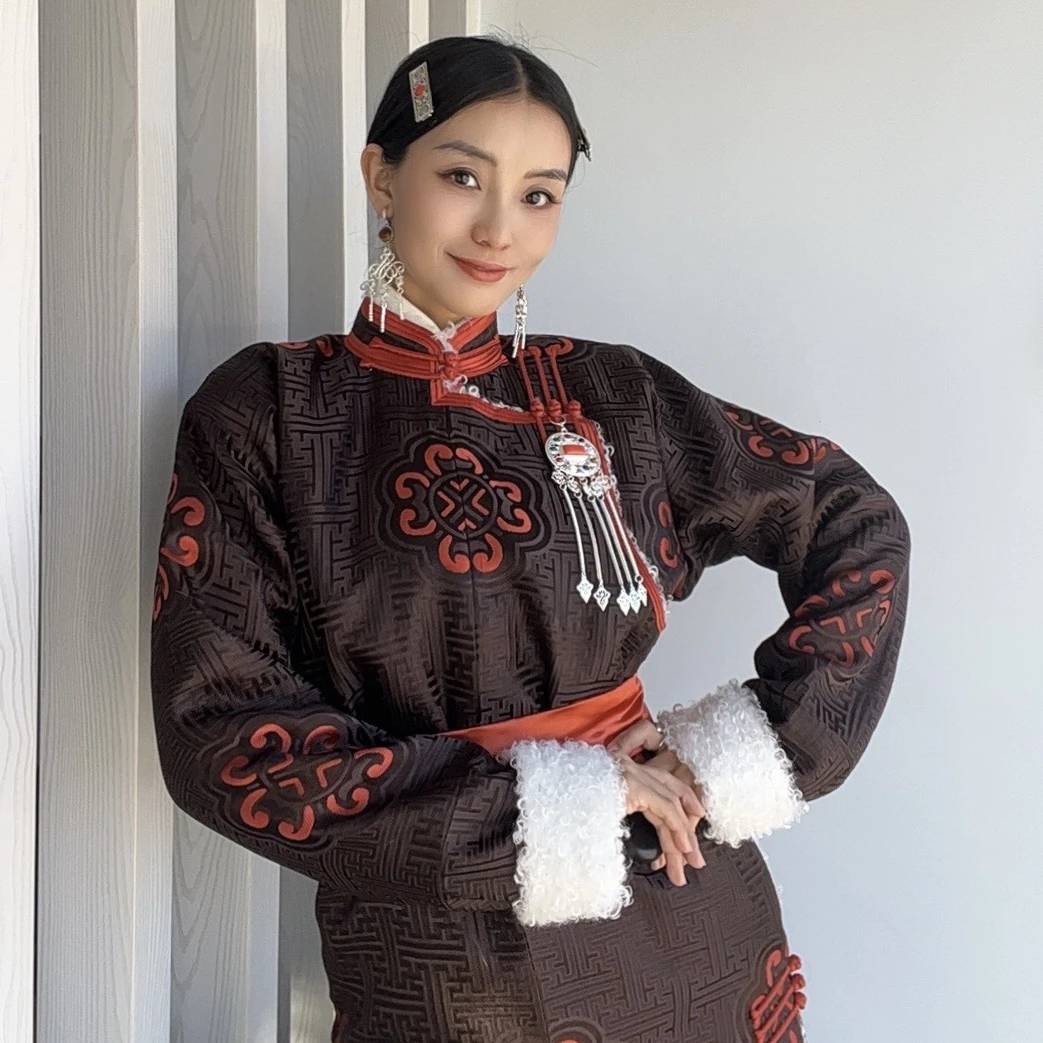 【丝棱锆】新款咖色高级感大气蒙古袍假毛毛民族服装