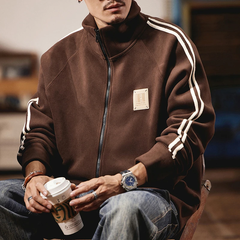 HAMOLENA美式休闲拉链开衫卫衣男立领大码男士秋季运动外套新款潮