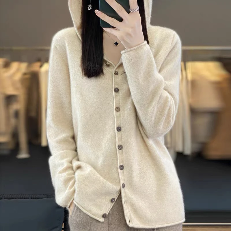 100羊毛连帽时尚针织女士开衫外套